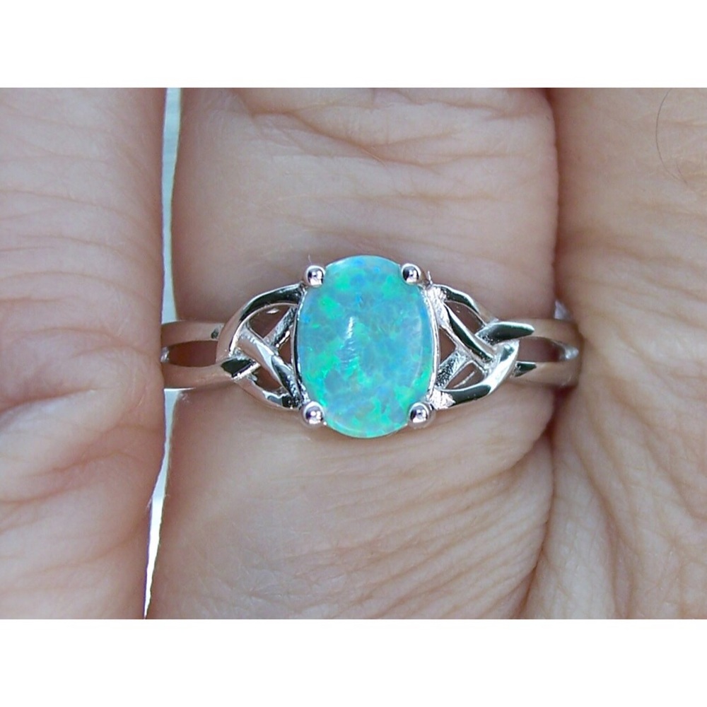 925 STERLING SILVER Lab Created Green Fire Opal Ring - Picture 4 of 16
